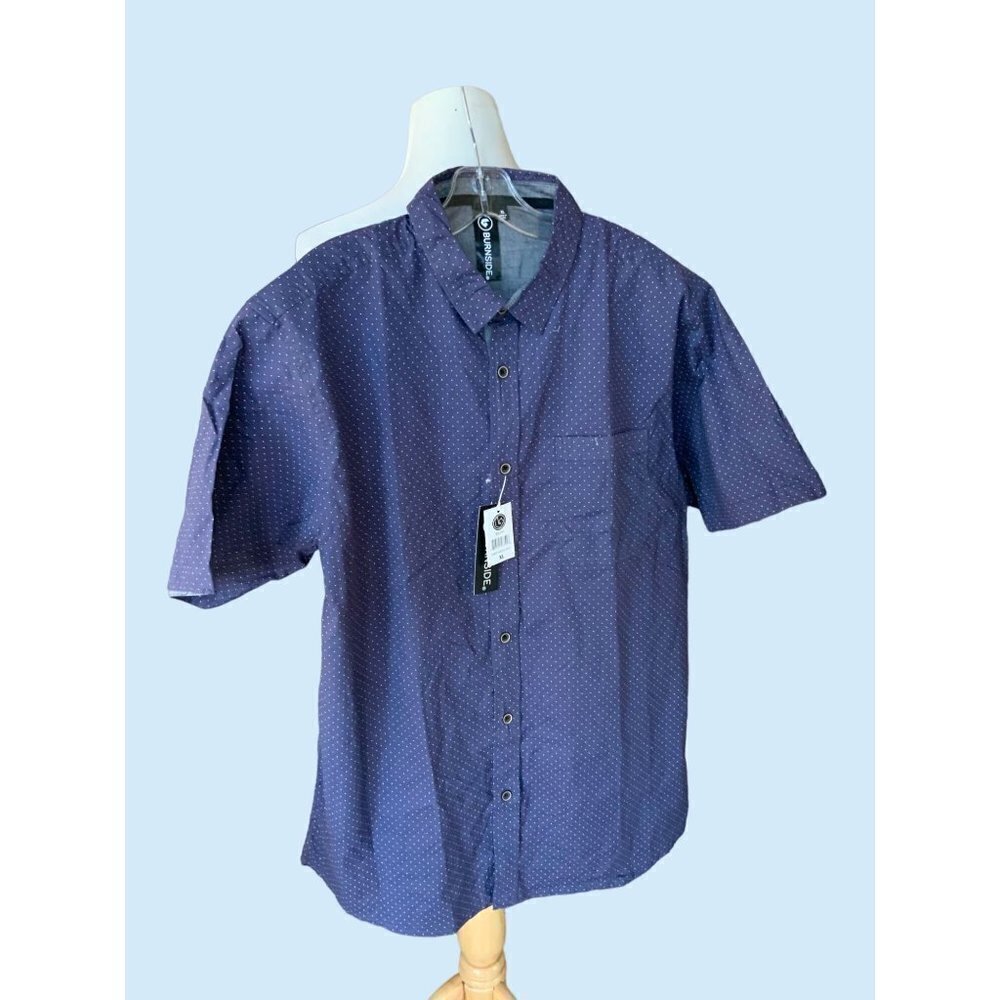 BURNSIDE MENS SHORT SLEEVE COLLARED BUTTON UP NAVY WHITE DOT SHIRT NEW XL - Picture 5 of 7